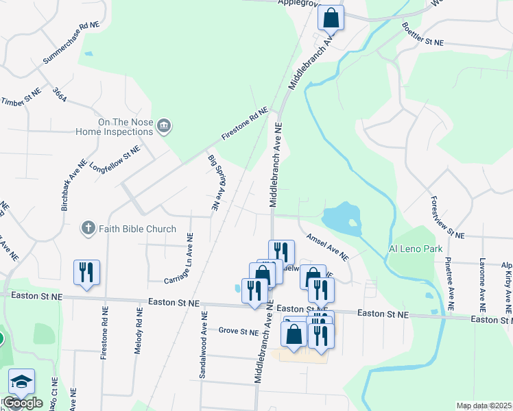 map of restaurants, bars, coffee shops, grocery stores, and more near 6758 Stream Avenue Northeast in Canton