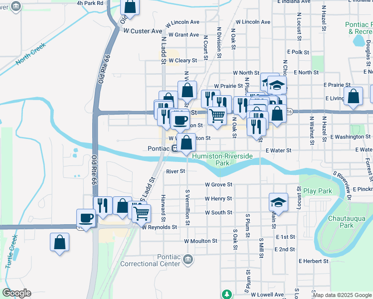 map of restaurants, bars, coffee shops, grocery stores, and more near in Pontiac