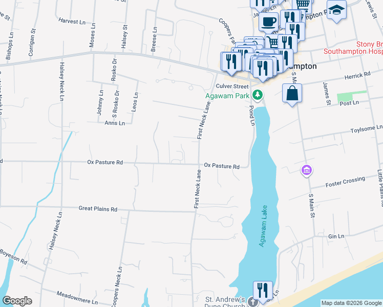 map of restaurants, bars, coffee shops, grocery stores, and more near 6 Ox Pasture Road in Southampton