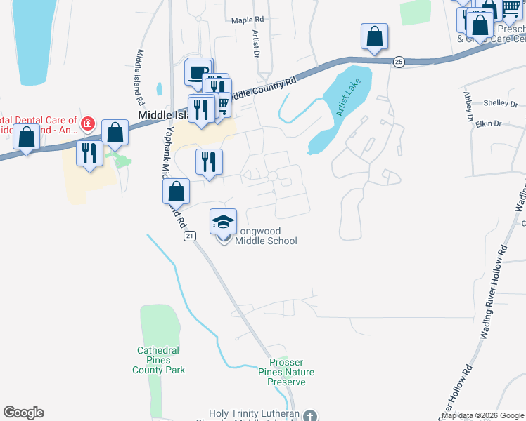 map of restaurants, bars, coffee shops, grocery stores, and more near 186 Artist Lake Drive in Middle Island