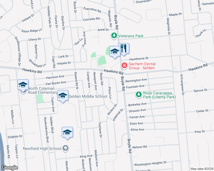 map of restaurants, bars, coffee shops, grocery stores, and more near 19 Belair Road in Selden