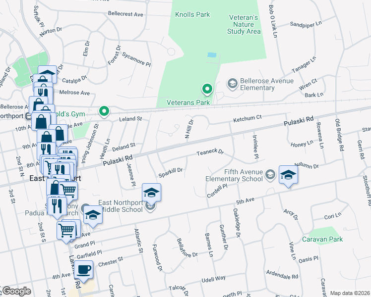map of restaurants, bars, coffee shops, grocery stores, and more near 14 Teaneck Drive in East Northport