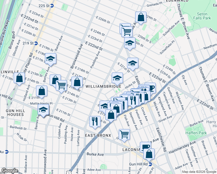 map of restaurants, bars, coffee shops, grocery stores, and more near 1303 Needham Avenue in Bronx