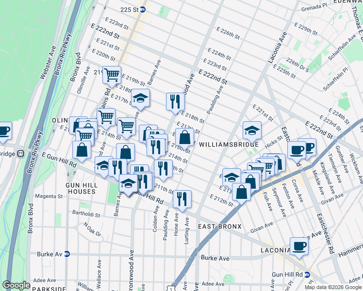 map of restaurants, bars, coffee shops, grocery stores, and more near 945 East 214th Street in Bronx