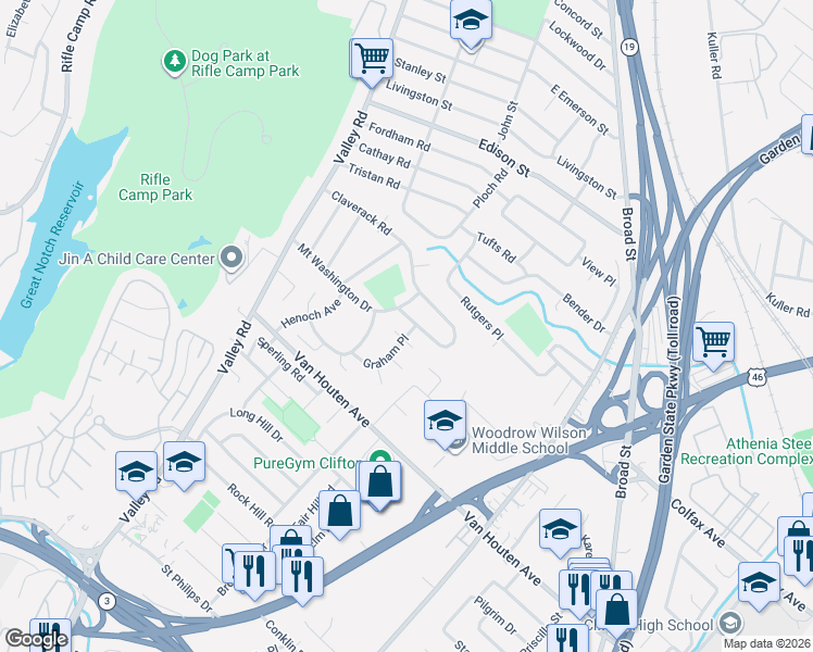 map of restaurants, bars, coffee shops, grocery stores, and more near 5 Graham Place in Clifton