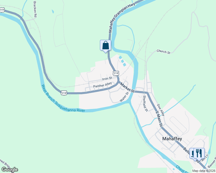 map of restaurants, bars, coffee shops, grocery stores, and more near 3104 Water Street in Mahaffey