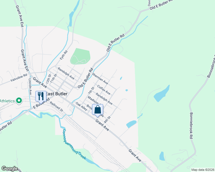 map of restaurants, bars, coffee shops, grocery stores, and more near 145 6th Street in East Butler