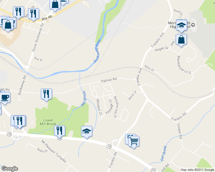 map of restaurants, bars, coffee shops, grocery stores, and more near 207 Sheffield Court in Denville
