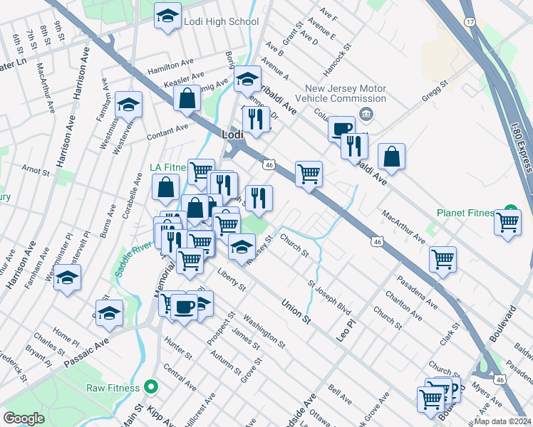 map of restaurants, bars, coffee shops, grocery stores, and more near 75 Church Street in Lodi