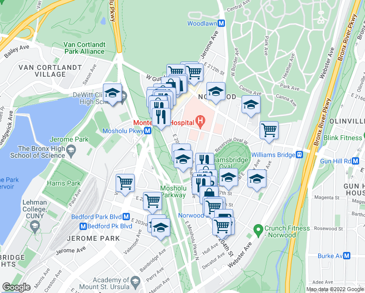 map of restaurants, bars, coffee shops, grocery stores, and more near 106 East 208th Street in Bronx