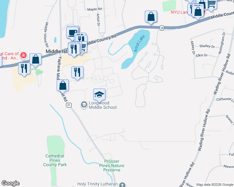 map of restaurants, bars, coffee shops, grocery stores, and more near 152 Artist Lake Drive in Middle Island