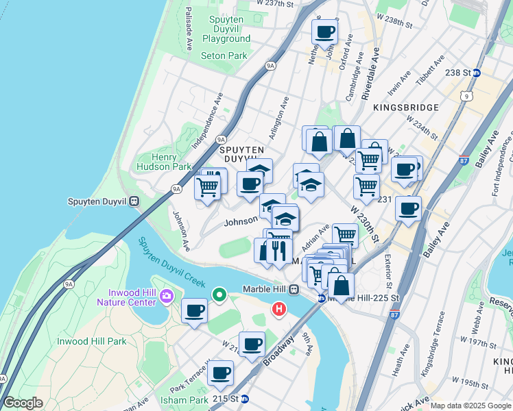 map of restaurants, bars, coffee shops, grocery stores, and more near 3350 Johnson Avenue in Bronx
