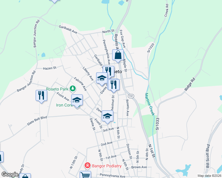 map of restaurants, bars, coffee shops, grocery stores, and more near 143 Chestnut Street in Roseto