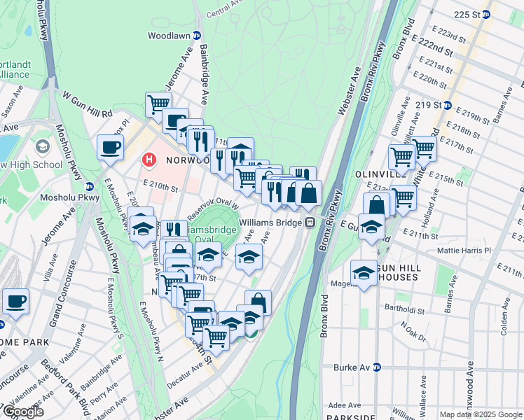 map of restaurants, bars, coffee shops, grocery stores, and more near 310 East Gun Hill Road in Bronx
