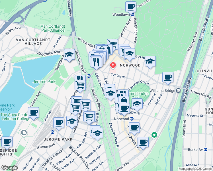 map of restaurants, bars, coffee shops, grocery stores, and more near 80 East 208th Street in The Bronx