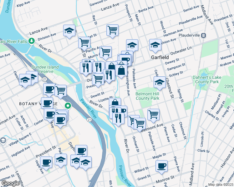 map of restaurants, bars, coffee shops, grocery stores, and more near 568 River Drive in Garfield