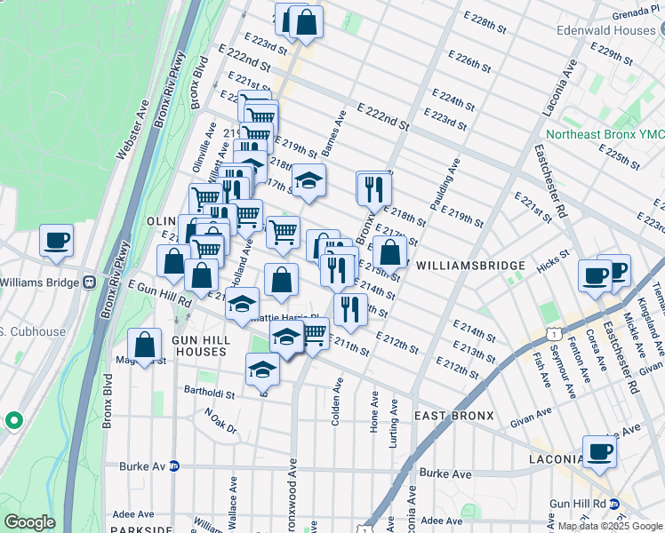 map of restaurants, bars, coffee shops, grocery stores, and more near 837 East 215th Street in Bronx