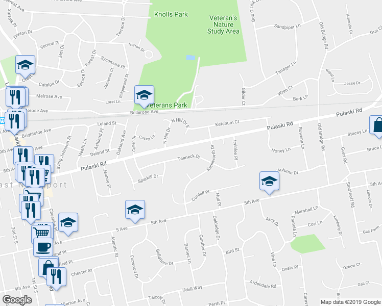 map of restaurants, bars, coffee shops, grocery stores, and more near 31 Teaneck Drive in East Northport