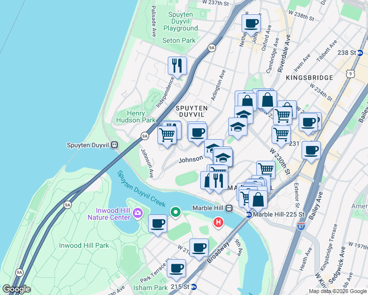 map of restaurants, bars, coffee shops, grocery stores, and more near 2411 Netherland Avenue in Bronx