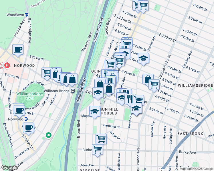 map of restaurants, bars, coffee shops, grocery stores, and more near 679 East 213th Street in Bronx