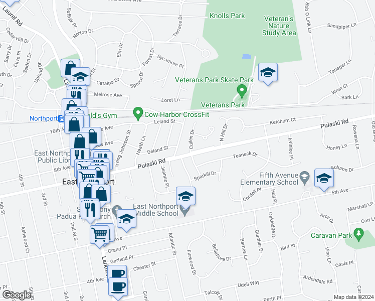 map of restaurants, bars, coffee shops, grocery stores, and more near 1111 Pulaski Road in East Northport