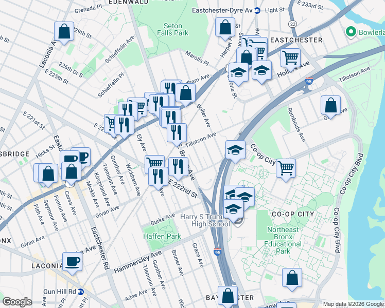 map of restaurants, bars, coffee shops, grocery stores, and more near 2040 Tillotson Avenue in Bronx
