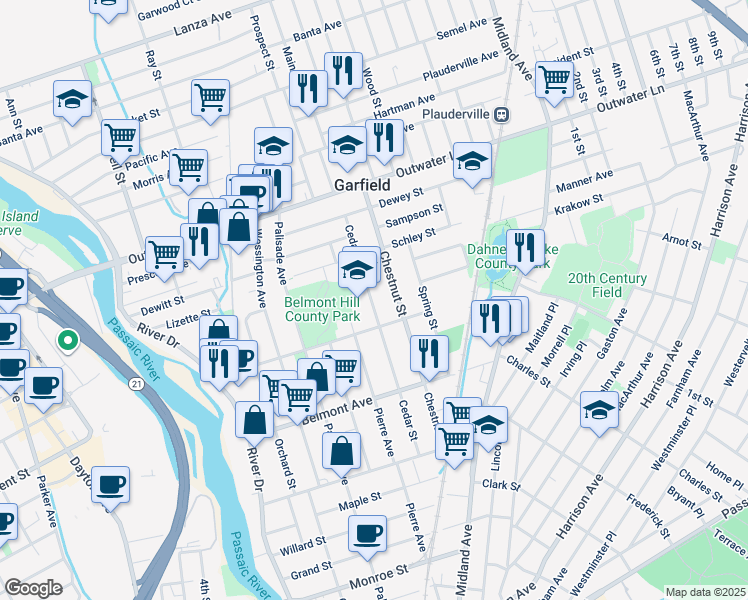 map of restaurants, bars, coffee shops, grocery stores, and more near 168 Cedar Street in Garfield