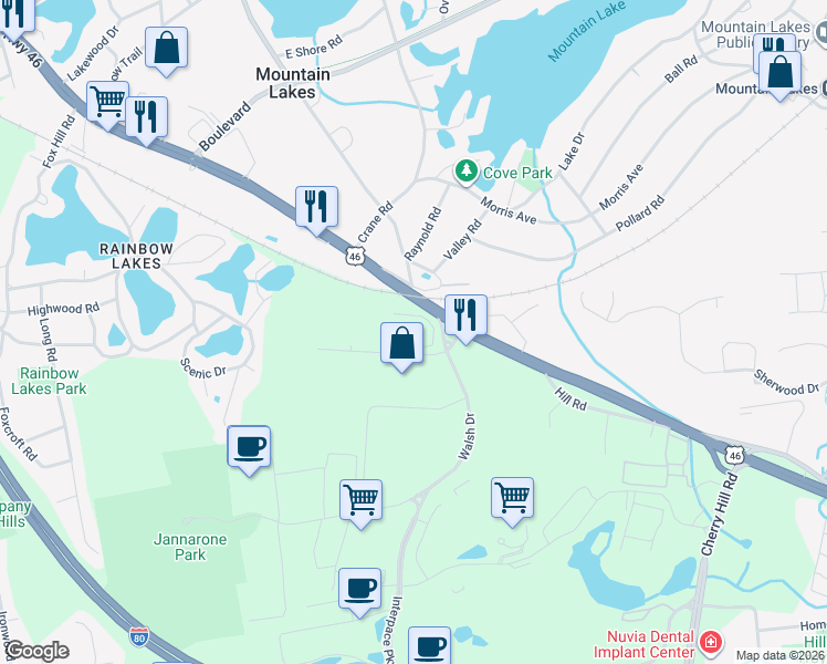 map of restaurants, bars, coffee shops, grocery stores, and more near 50 Lackawanna Avenue in Parsippany-Troy Hills
