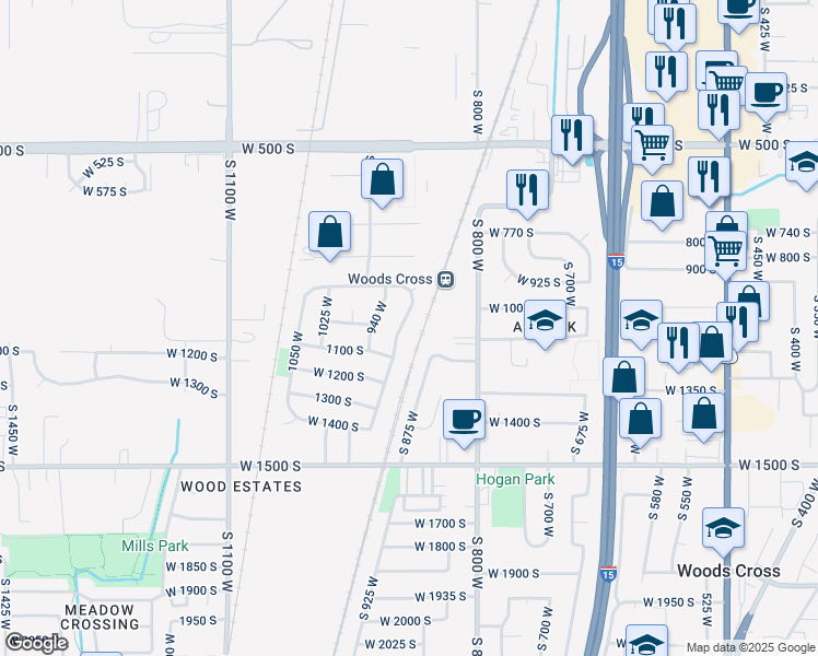 map of restaurants, bars, coffee shops, grocery stores, and more near 923 South 925 West in Woods Cross