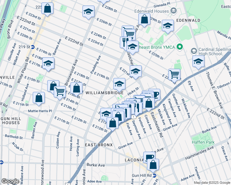 map of restaurants, bars, coffee shops, grocery stores, and more near 1424 Oakley Street in Bronx