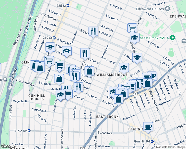 map of restaurants, bars, coffee shops, grocery stores, and more near 3713 Paulding Avenue in Bronx