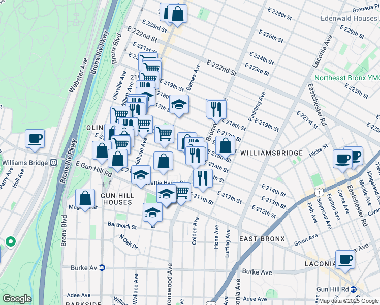 map of restaurants, bars, coffee shops, grocery stores, and more near 837 East 215th Street in Bronx