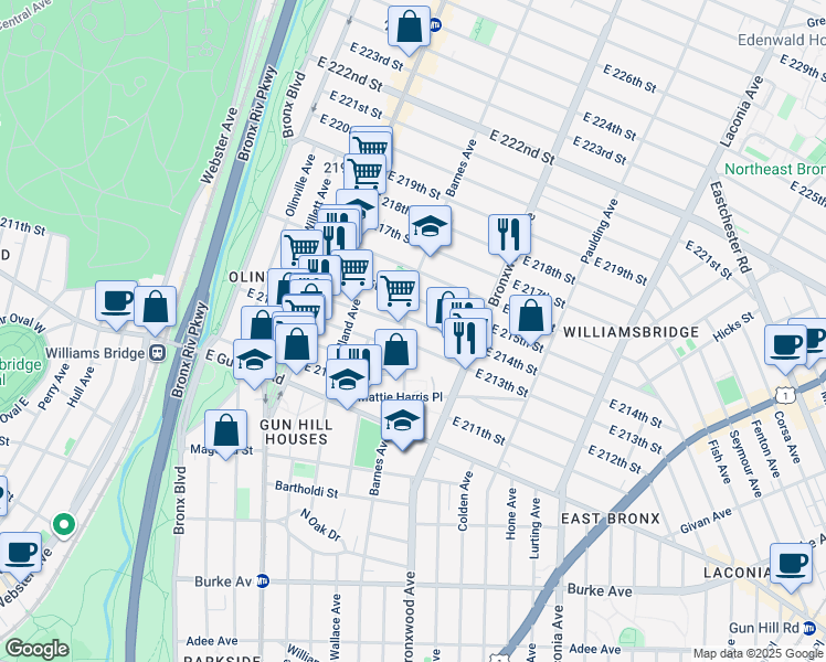 map of restaurants, bars, coffee shops, grocery stores, and more near 3638 Barnes Avenue in Bronx