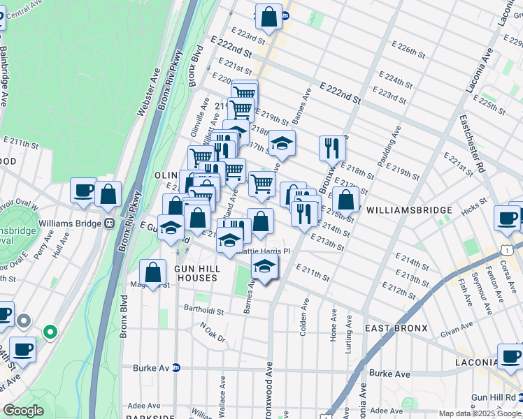 map of restaurants, bars, coffee shops, grocery stores, and more near 3638 Barnes Avenue in Bronx