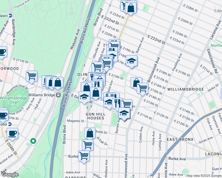 map of restaurants, bars, coffee shops, grocery stores, and more near 753 East 214th Street in Bronx
