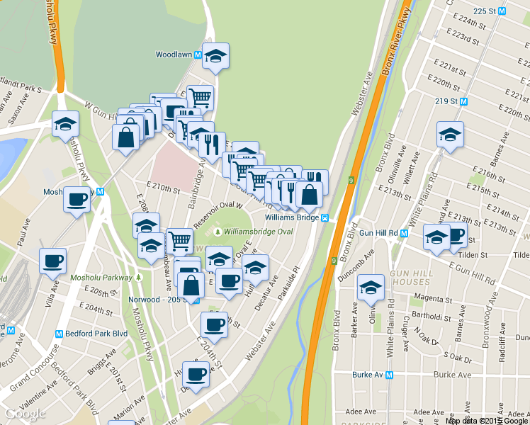 map of restaurants, bars, coffee shops, grocery stores, and more near 275c East Gun Hill Road in Bronx