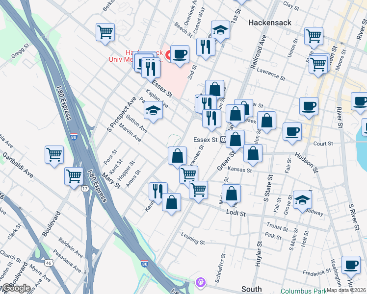 map of restaurants, bars, coffee shops, grocery stores, and more near 50 Polifly Road in Hackensack