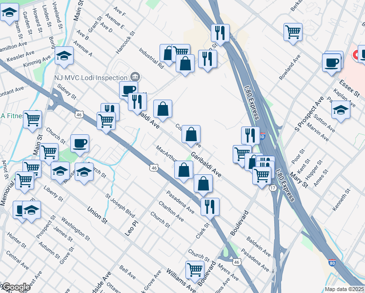 map of restaurants, bars, coffee shops, grocery stores, and more near 248 Columbia Avenue in Lodi