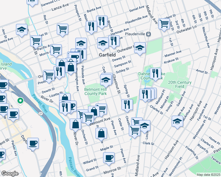 map of restaurants, bars, coffee shops, grocery stores, and more near 168 Cedar Street in Garfield