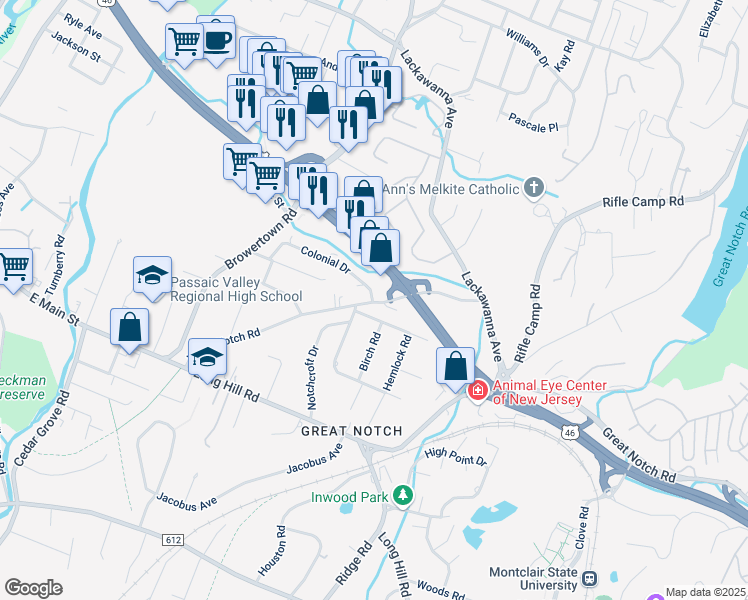 map of restaurants, bars, coffee shops, grocery stores, and more near 555 U.S. 46 in Little Falls