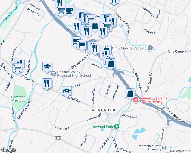map of restaurants, bars, coffee shops, grocery stores, and more near 60 Stewart Avenue in Little Falls