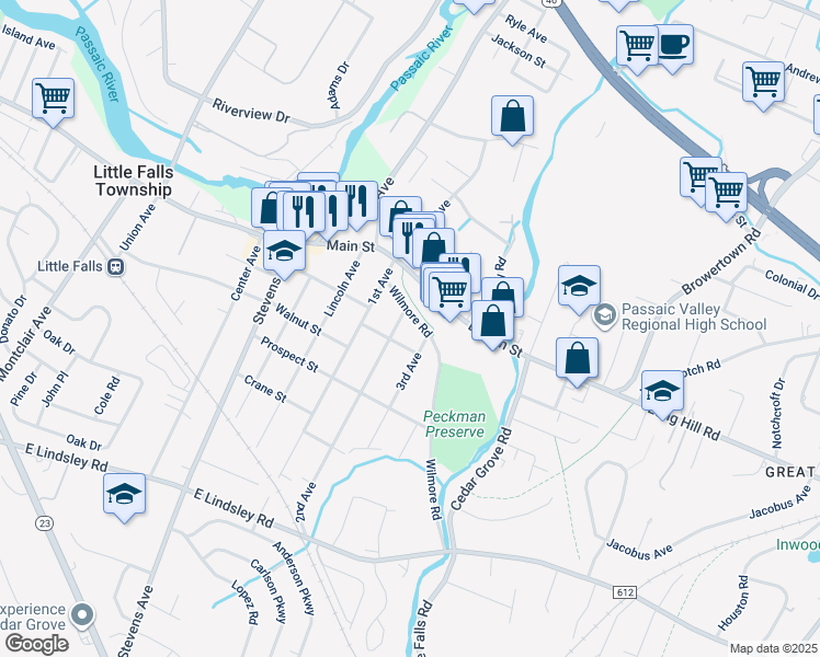 map of restaurants, bars, coffee shops, grocery stores, and more near 45 East Main Street in Little Falls