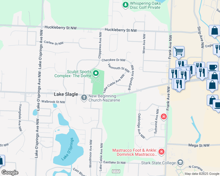 map of restaurants, bars, coffee shops, grocery stores, and more near 6765 Lake Cable Avenue Northwest in North Canton