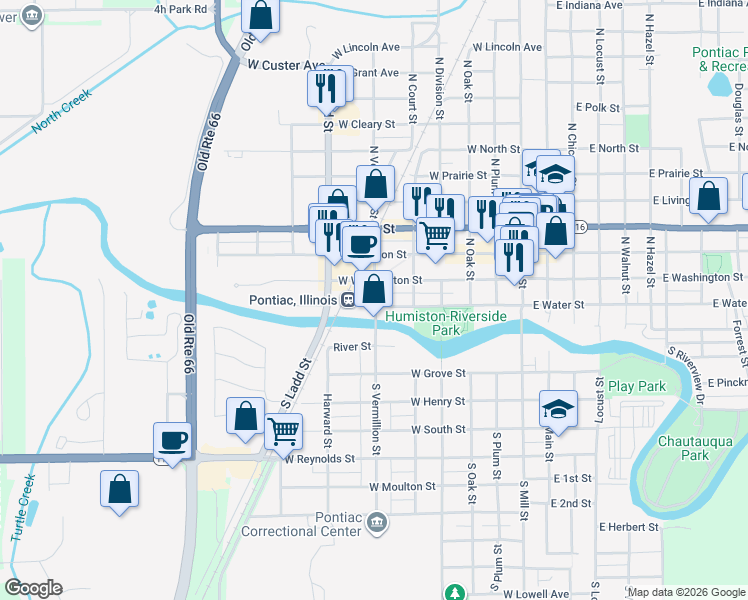 map of restaurants, bars, coffee shops, grocery stores, and more near 721 West Washington Street in Pontiac