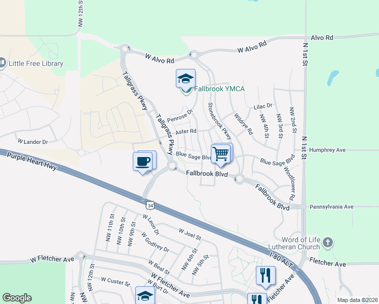 map of restaurants, bars, coffee shops, grocery stores, and more near 6727 Northwest 8th Street in Lincoln