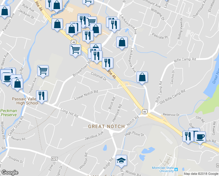 map of restaurants, bars, coffee shops, grocery stores, and more near 185 Lower Notch Road in Little Falls