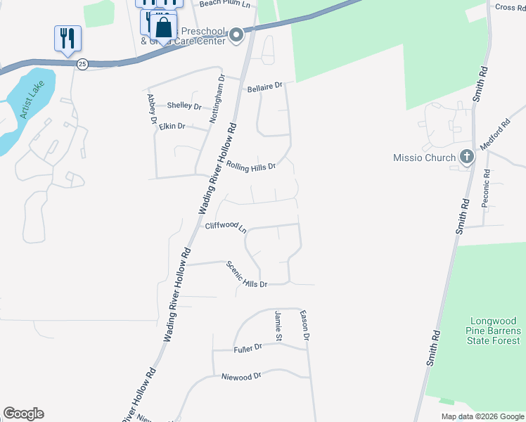map of restaurants, bars, coffee shops, grocery stores, and more near 10 Rolling Hills Drive in Ridge