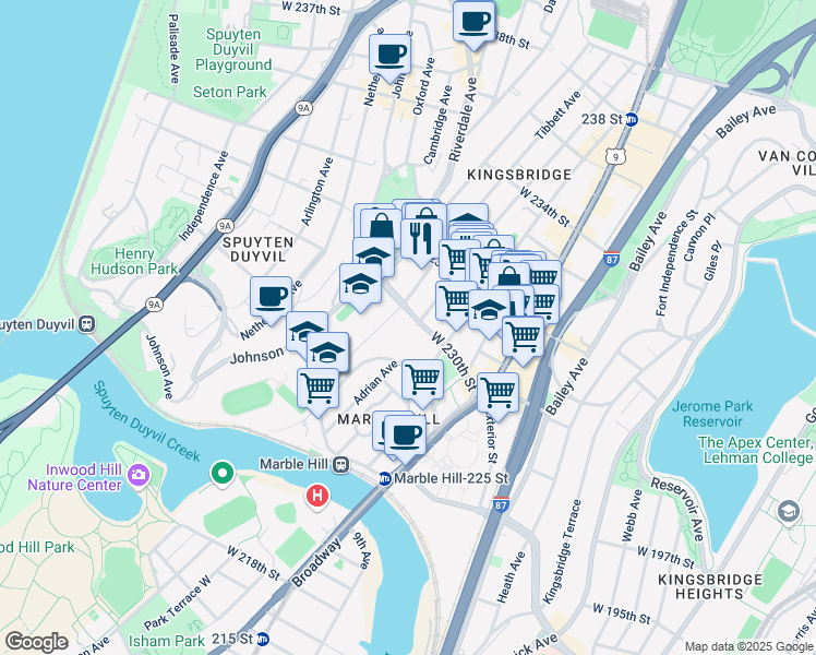 map of restaurants, bars, coffee shops, grocery stores, and more near 230 West 230th Street in Bronx