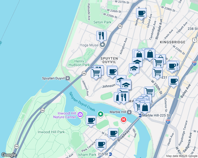 map of restaurants, bars, coffee shops, grocery stores, and more near in The Bronx