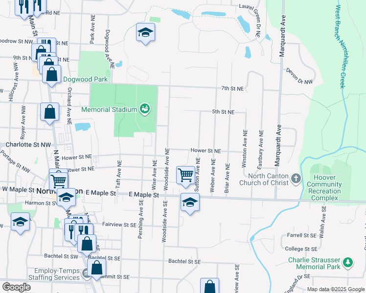 map of restaurants, bars, coffee shops, grocery stores, and more near 825 Hower Street Northeast in North Canton
